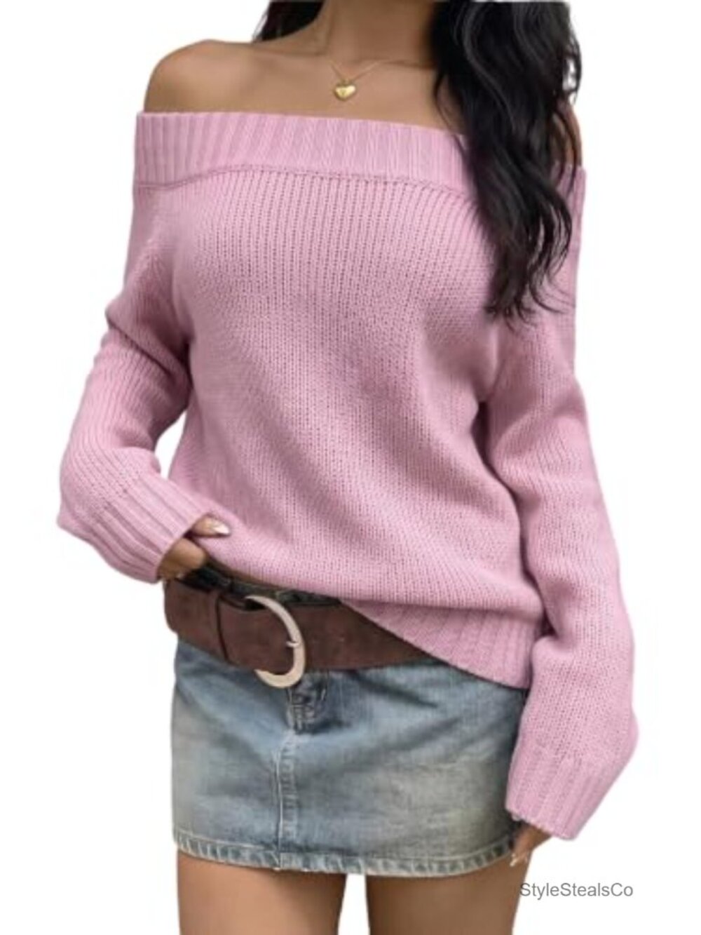 Off Shoulder Long Sleeve Sweater Loose Fit Pullover Top